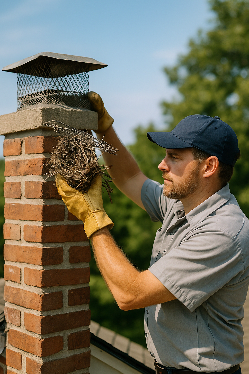 bird-nest-removal-chimney-technician Wildlife removal specialist in Arlington, VA, removing a bird nest from the residential brick chimney on a sunny day.