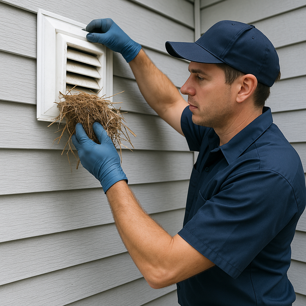 bird-nest-removal-technician-vent A wildlife removal technician in Alexandria, VA, carefully removes a bird nest from a wall vent on a house exterior.
