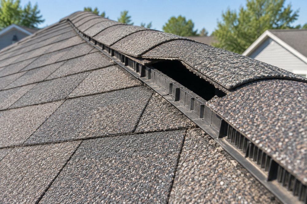 Damaged ridge vent on a Northern Virginia roof, an entry point for squirrels and bats