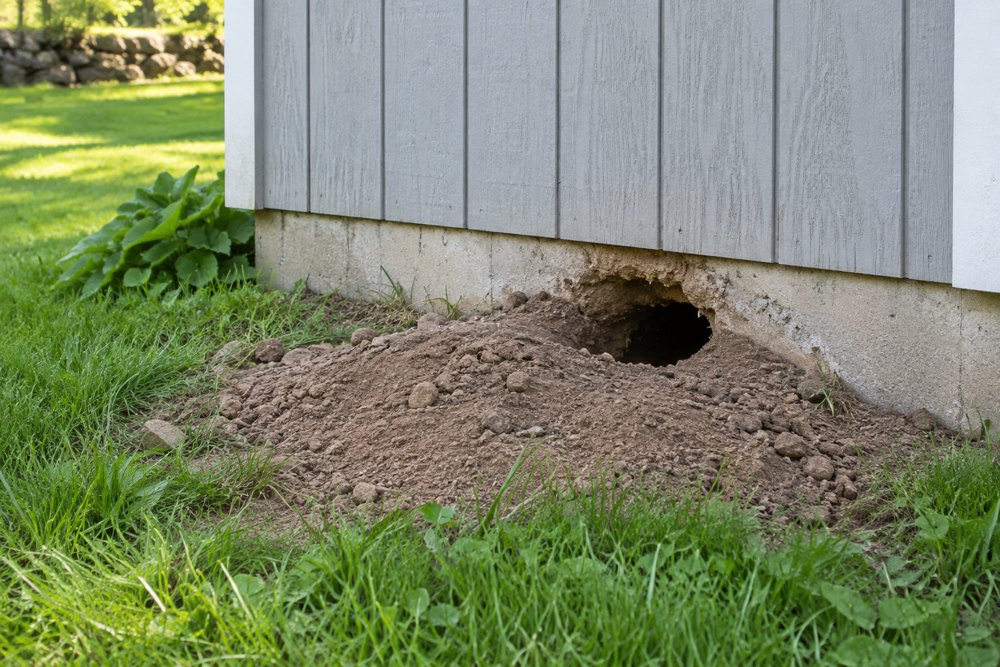 Groundhog burrow dug against a backyard shed foundation in Northern Virginia
