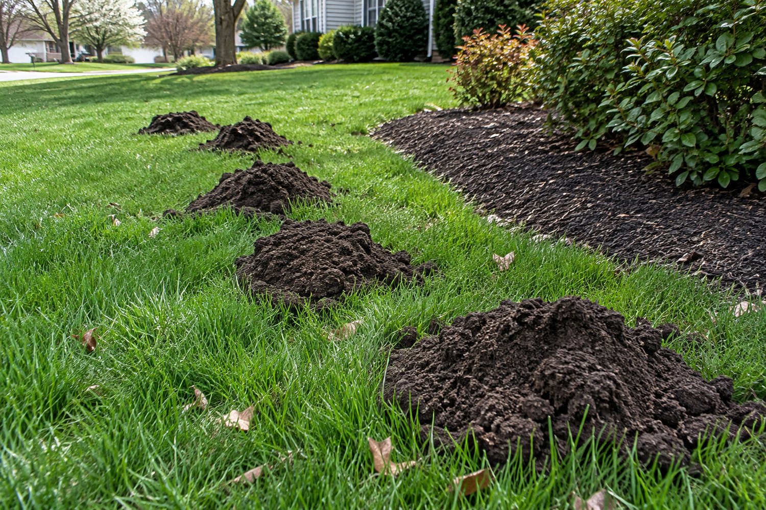 Fresh mole mounds pushed up across a suburban lawn in Northern Virginia