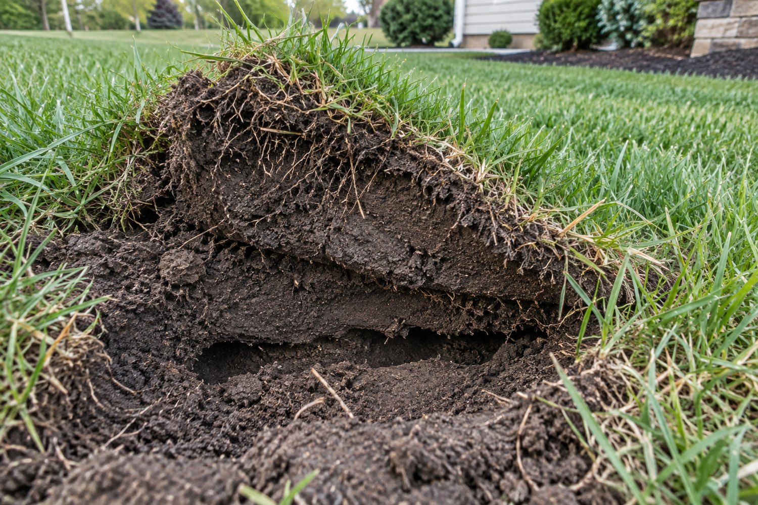 Turf lifted to reveal a mole tunnel running through the soil beneath a lawn